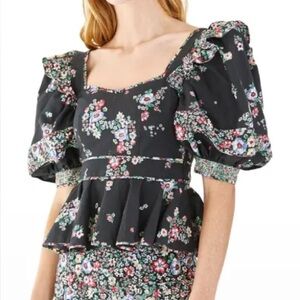 HUNTER BELL Black and Pink Puff Sleeve Peplum Blouse